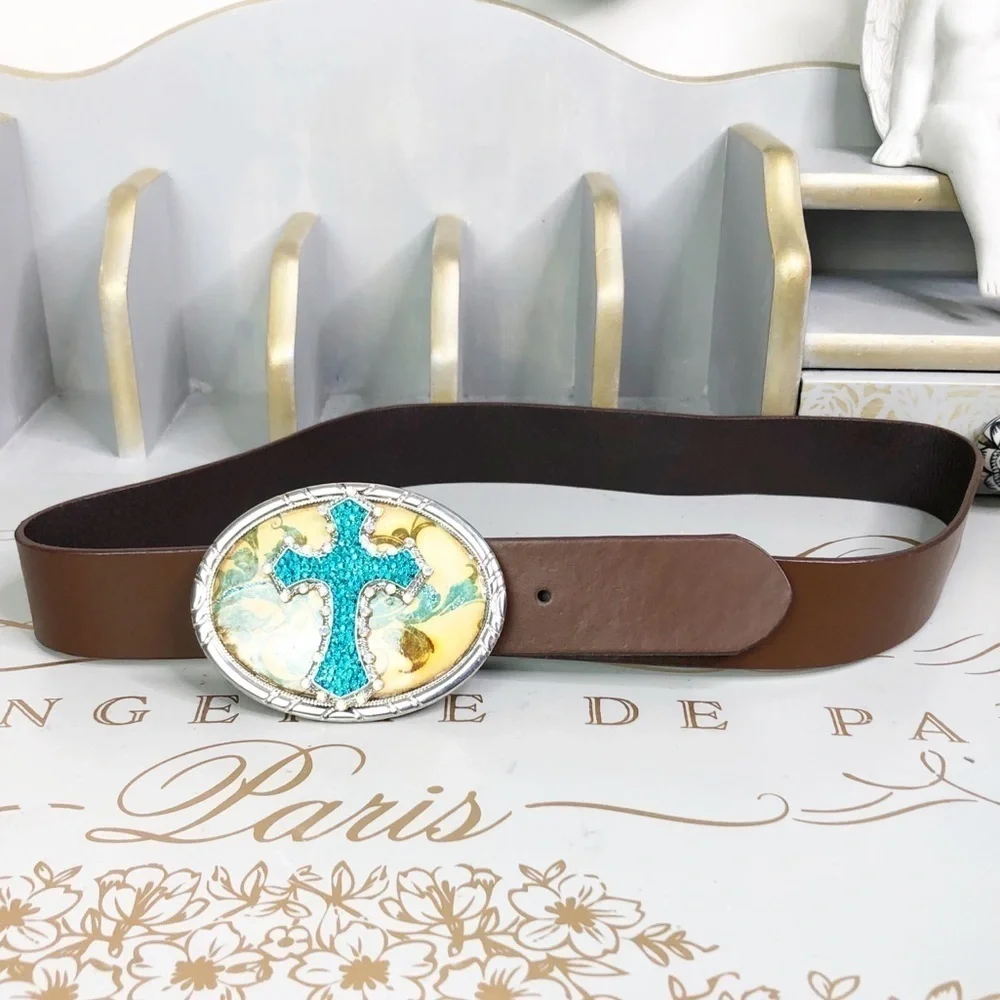 𝅺BROWN boho leather belt with rhinestone cross